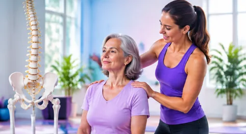 An instructor guiding a woman’s posture beside a spine model