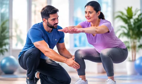A coach correcting a woman’s squat form