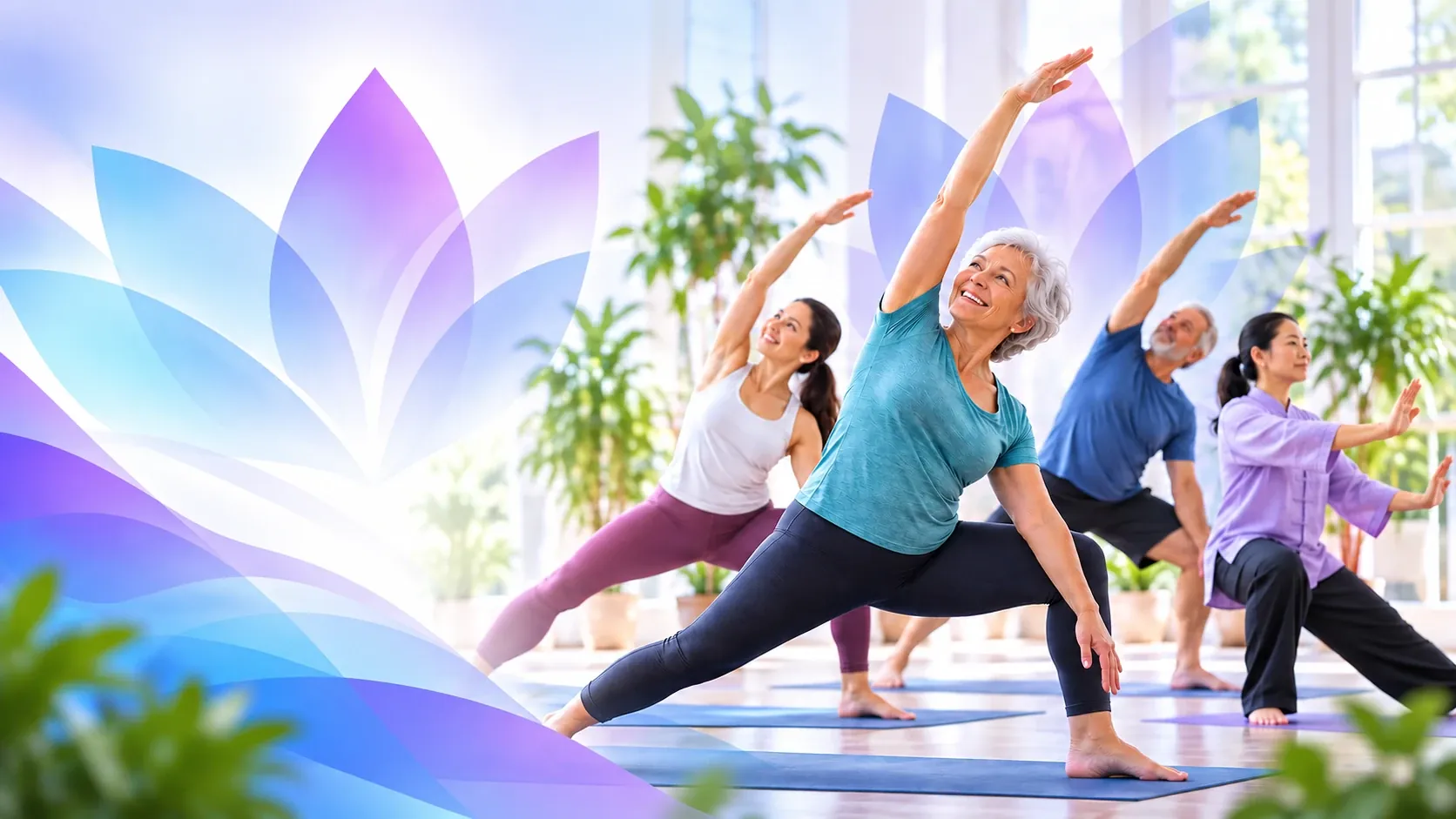 Adults of different ages stretching together in a bright studio, with a tai chi student alongside