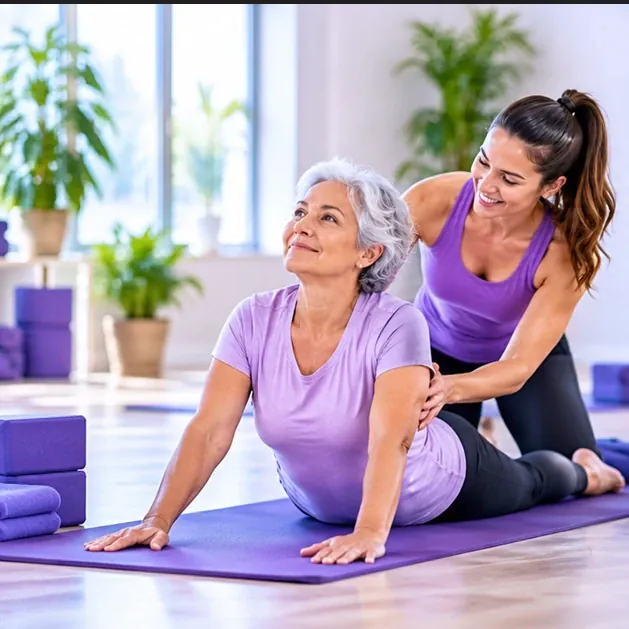 An instructor supporting an older woman in a floor-based cobra pose