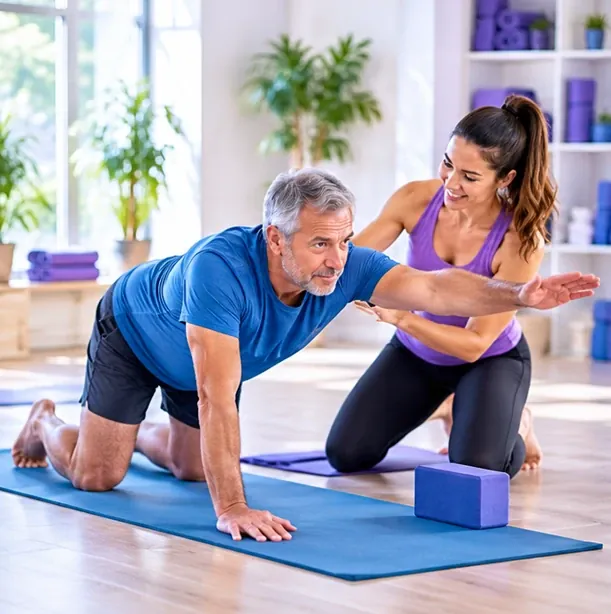 An instructor guiding a man on hands and knees on the mat, with a yoga block nearby