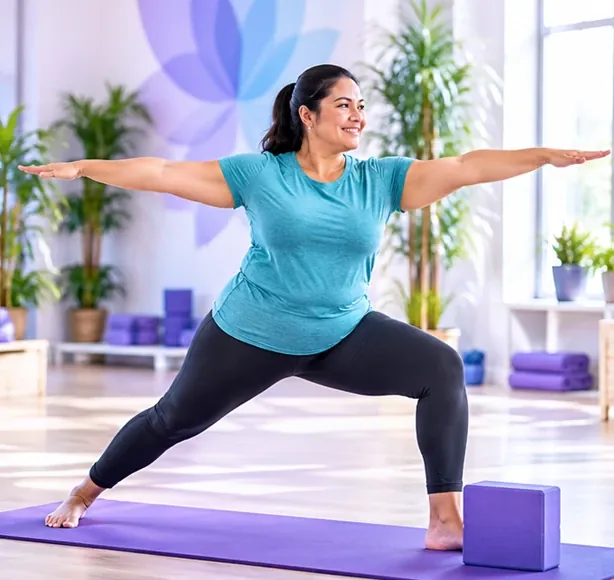 A smiling woman holding a standing warrior pose beside a yoga block