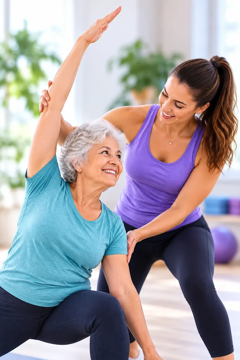 An instructor gently guiding an older woman through a side stretch
